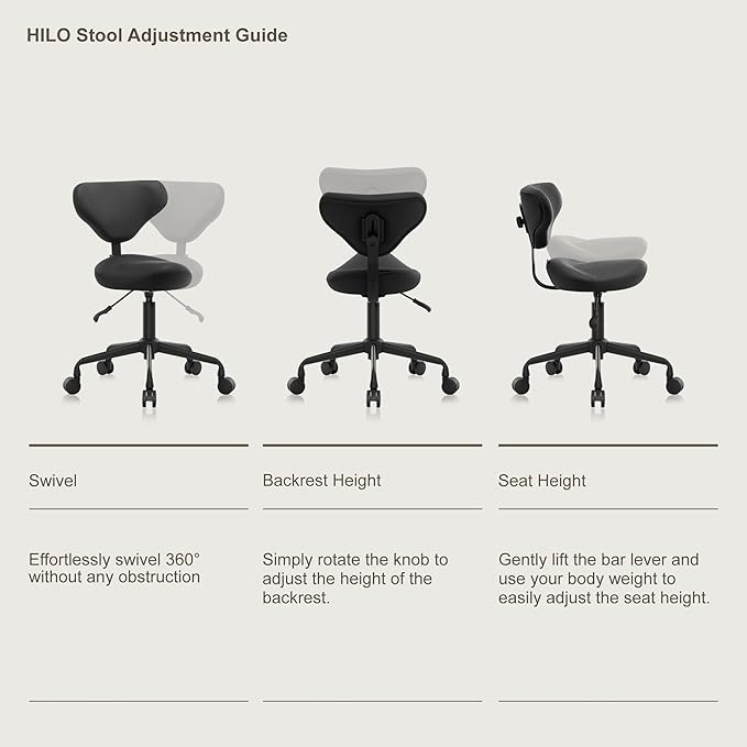 Ergonomic Saddle Seat Adjustable Pneumatic Hydraulic Drafting Swivel Rolling Stool Chair for Medical Hygienic SPA Massage Salon Home and Office - Hilo 508 (Black, with Backrest)