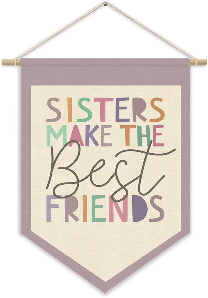 Girls Room Wall Art Decor,Toddler Girl Room Cute Purple Nursery Bedroom Playroom Canvas Banner Decorations,Sisters Make The Best Friends Wall Hanging Pennant Flag for Little Girls Princess