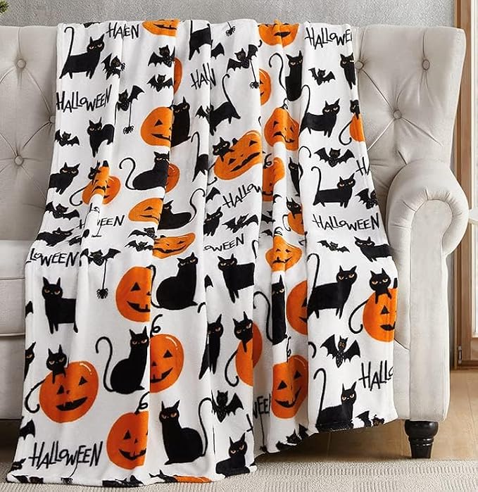 Halloween Fleece Throw Blanket, Cute Black Cats, Bats & Pumpkins, 50x70 in | Ultra-soft cozy flannel fleece, for sofa couch bed chair & dorms, spooky Halloween décor, durable and machine washable.