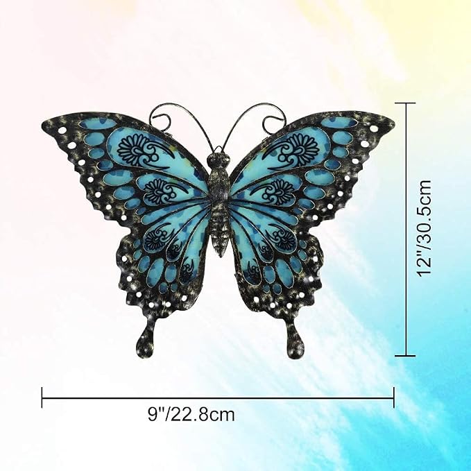 LIFFY Metal Butterfly Wall Decor Glass Outdoor Wall Art Sculptures 12" Hanging Garden Decorations Indoor Home Decorative Ornaments for Patio Yard Fence Bedroom Living Room