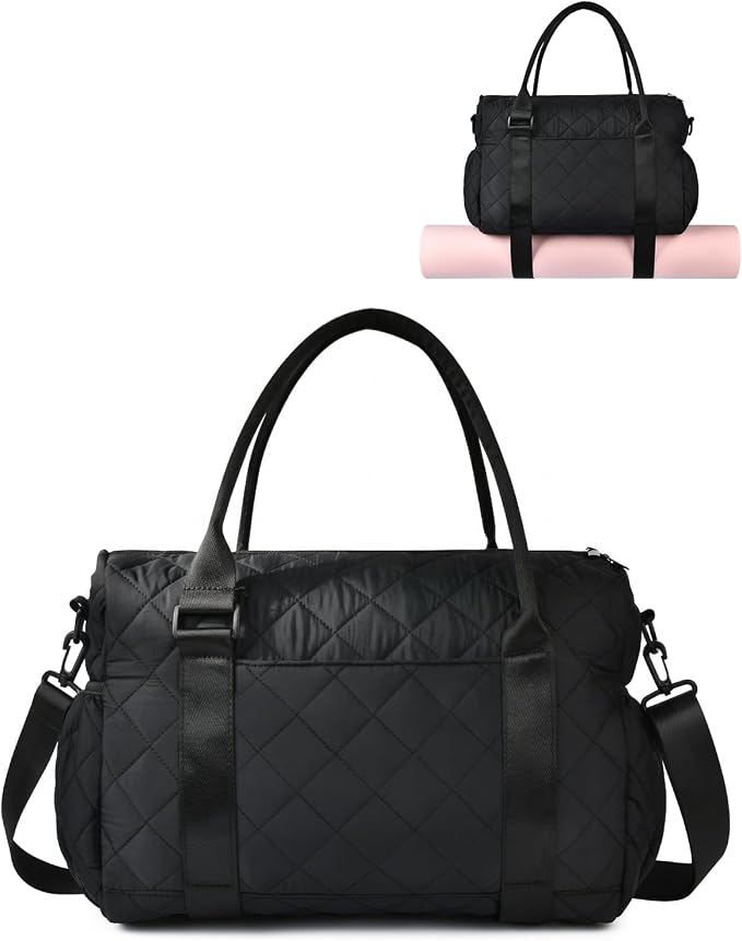 Gym Bag for Women with Yoga Mat Holder, Small Mini Gym Tote Bag Puffy Quilted Lightweight Sports Duffel Bag with Wet Compartment for Dance Yoga Workout Travel - Black