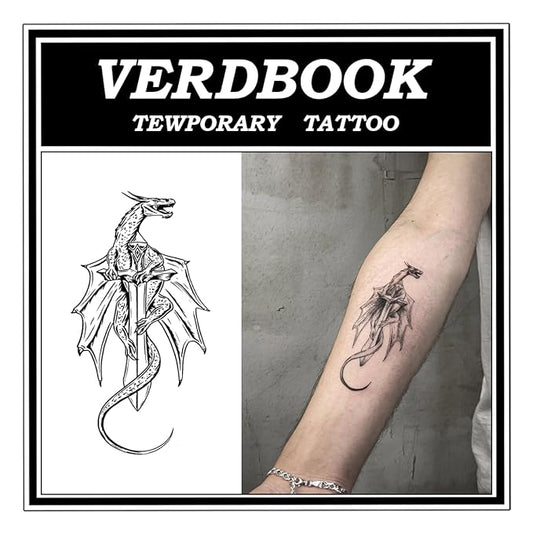 Waterproof Temporary Tattoos: 2-Sheet Tattoo Kit with Realistic Body Stickers, Semi-Permanent Tattoos for Adults Lasting 7-15 Days – Safe for Men & Women, Dragon & Sword Pattern