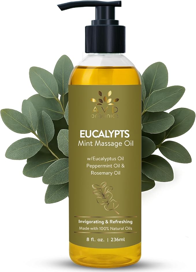 AVD Organics Eucalyptus Mint Massage Oil 236 ML | 100% Pure and Natural | Revitalizing & Cooling Aroma | Blended with Eucalyptus Sesame and Coconut Oil | for Both Men and Women | 8 fl oz