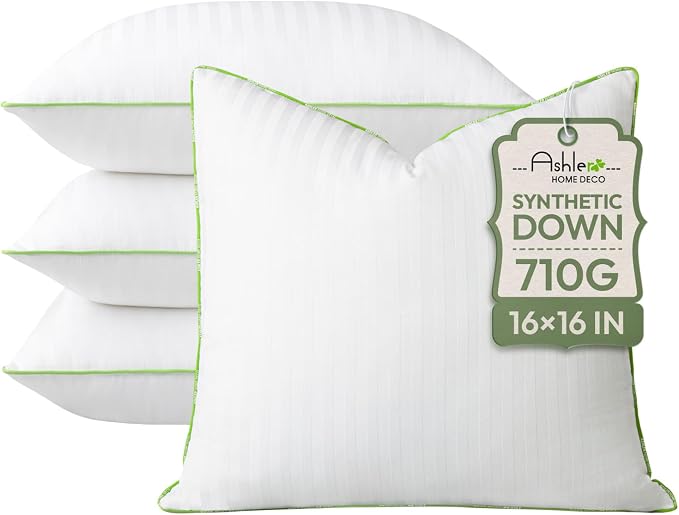 Ashler Home Deco Synthetic Down Pillow Inserts, 16x16 Down Alternative Throw Pillows Insert Sleeping Pillows with 100% Cotton Cover Decorative Pillow Stuffer for Sofa, Couch Bed(Set of 4, White)
