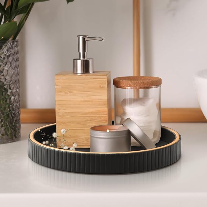Leather Tray Desktop Storage Organizer, Round Valet Tray, Black | Premium Serving Trays Decorative Tray Desk Organizer for Sundries Cosmetics Phone Wallet Keys Cutlery, 10x10in