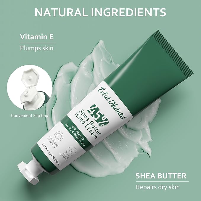 Shea Butter Hand Cream, Natural Ingredients with Vitamin E and 45% Shea Butter Hand Lotion, Deep Moisturizing Cream for Dry Hands, Long-Last Hydrating Hand Moisturizer, 2.37 Fl Oz