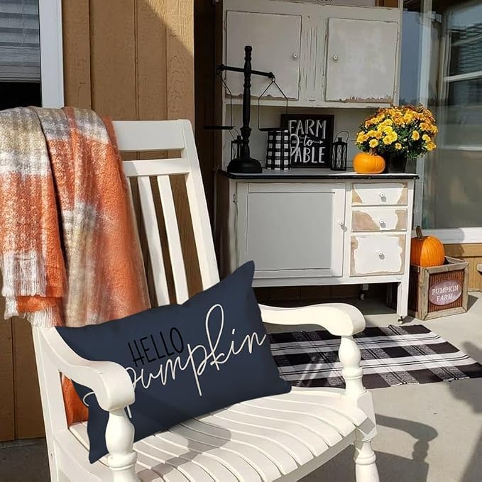RABUSOFA Fall Pillow Covers 12x20 Inch Dark Blue Thanksgiving Autumn Hello Pumpkin Quote Lumbar Harvest Outdoor Cushion Cases Seasonal Fall Decorations for Home Couch