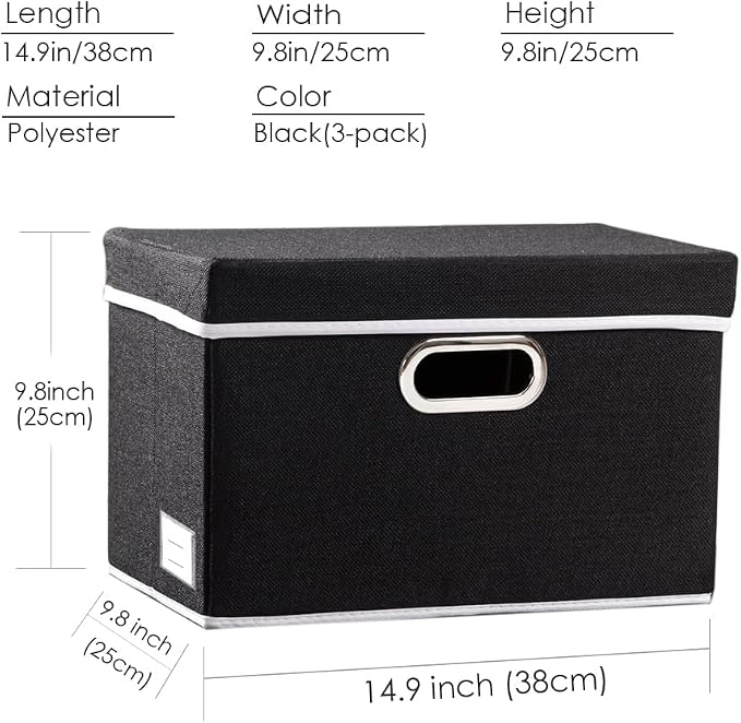 Foldable Storage Box with Lid [3-Pack] Fabric Collapsible Storage Bin Organizer Container Basket Cube with Cover for Home Bedroom Closet Office Nursery Black (14.9x9.8x9.8)