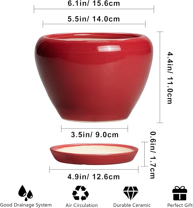 Ceramicfor 6 Inch Plant Pot - Glaze Modern Ceramic Planter for Indoor Plants, Succulent Pot with Drainage Hole and Saucer, Office Garden Home Decor, Housewarming Gift, Red