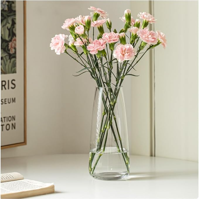 FANTESTICRYAN Modern Glass Vase, 8.7''H Decor Flower Vases, Crystal Clear | Crystal Clear Glass Fresh/Faux Floral Vases, For Home Office Table Centerpiece Decor Housewarming Wedding Gift for Lover