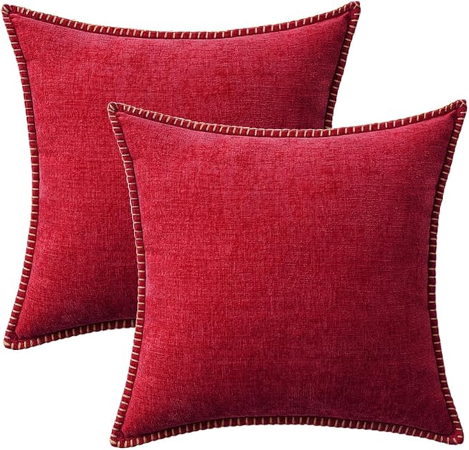 MIULEE Decorative Couch Throw Pillow Covers 16x16 Inch Red 2 Pack | Summer Farmhouse Pillow Covers with Stitched Edge, Soft Chenille Cushion Cases, for Sofa Bed Living Room Home Decor