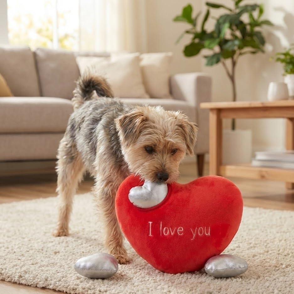 MODERN WAVE - Squeaky Plush Dog Toy - Interactive Hide and Seek Squirrel Type Puzzle Toy for Dogs, Small - Medium Size (Red Heart and Silver Hearts)