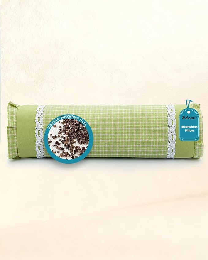 Extra Firm Buckwheat Cervical Roll Pillow – Customizable Support for Neck Pain, Yoga Relaxation, 15.7” x 4.7”, Machine-Washable Cover,Green