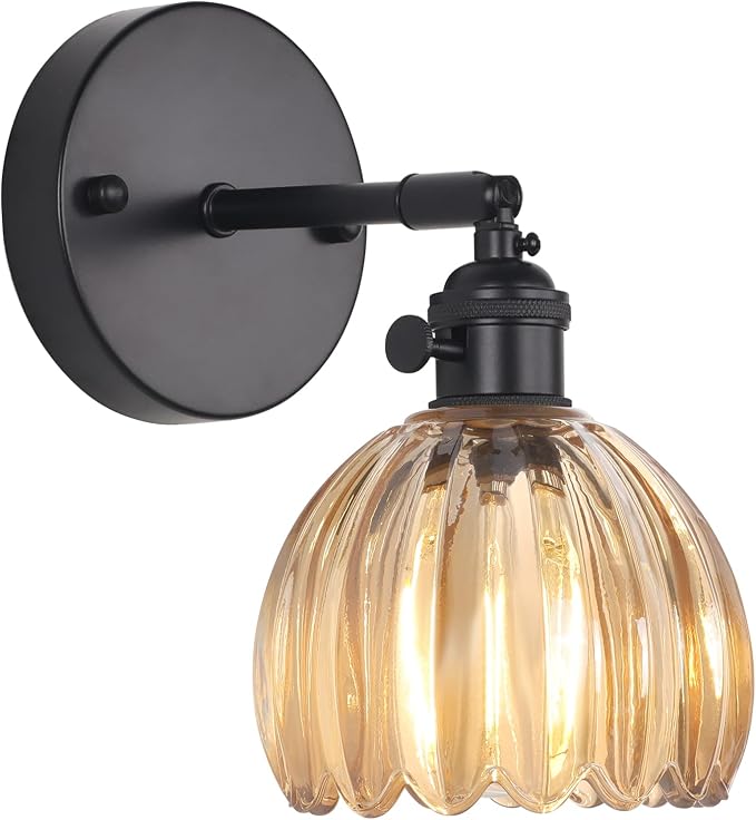 Shenmoyl Vintage Wall Sconce with Amber Tulip Glass Lampshade 180 Degree Adjustable Black Sconce Hradwired Modern Wall Lighting Fixture with Switch for Bedside Bedroom Doorway