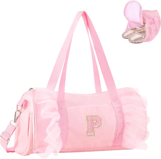 Personalized Initial Dance Bag for Girls 6-9, Medium Lace Gym Sport Yoga Cheer Dance Bags Gift for Teen Girls, Cute Letter Kids Ballet Bag Toddler Travel Duffel Tote with Adjustable Straps(Pink-P)