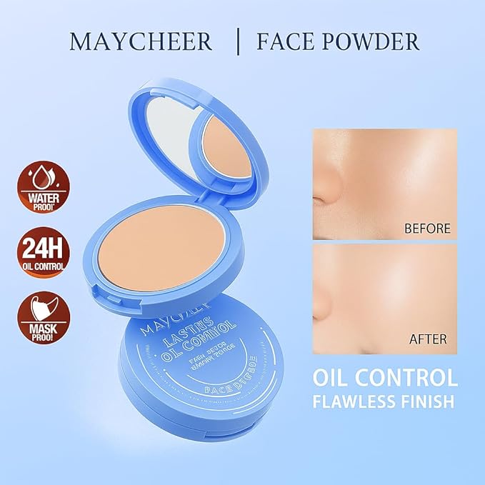 Maycheer Lasting Waterproof Face Powder - 8 Shades Compact, Oil Control Matte Finish, as Foundation & Primer, For All Skin (#05 SOFT HONEY)