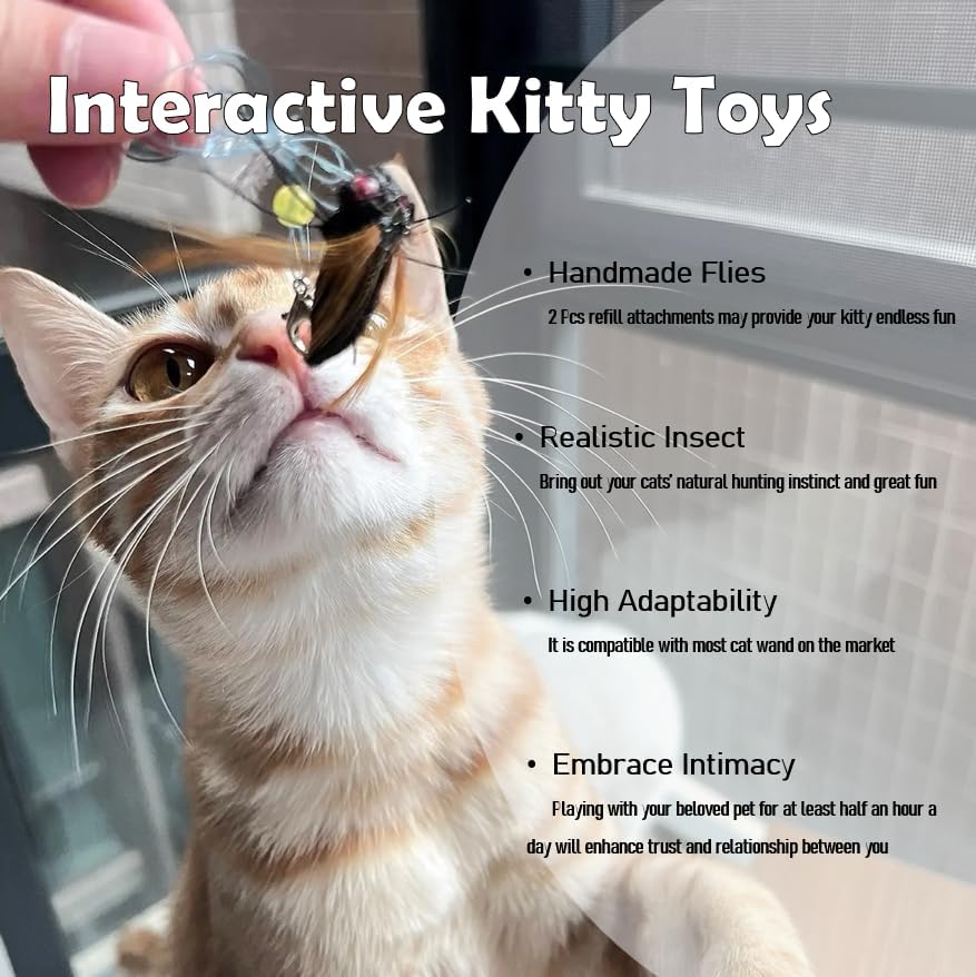 Cat Insect Feather Toys Replacement - 2 Pcs Handmade Natural Flies - Cat Toy Wand Refills - Interactive Kitten Teaser Wand Attachments - Cat Toys for Indoor Cats Play