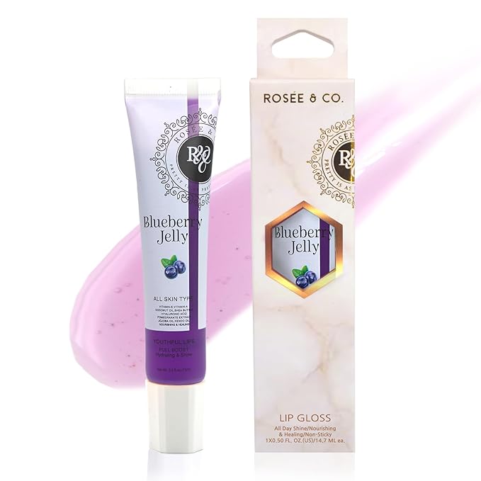 Rosee Lip Gloss Vegan & Cruelty Free Treatment, Professional Make up, Long Lasting Glossy with Shea Butter, Moisturize, Protect & Smooth, High Shine, Non-Sticky (l. Blueberry Jelly, 0.5)