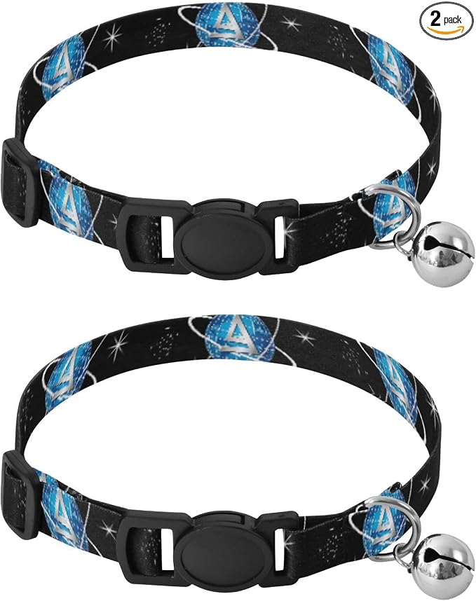 Blue Globe White Grid Lines Collar with Bell for Dog Puppy 2 Pack Kitten Collar Adjustable Length 10.6" to 17.1"