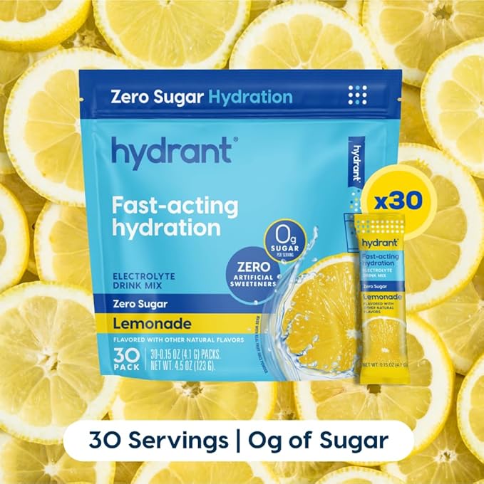 HYDRANT - Hydration Powder, Lemonade Flavor, 30 Individual Sugar-Free Instant Electrolyte Rehydration Packets - Zero Sugar Drink Mix for Daily Use, Travel & Workouts