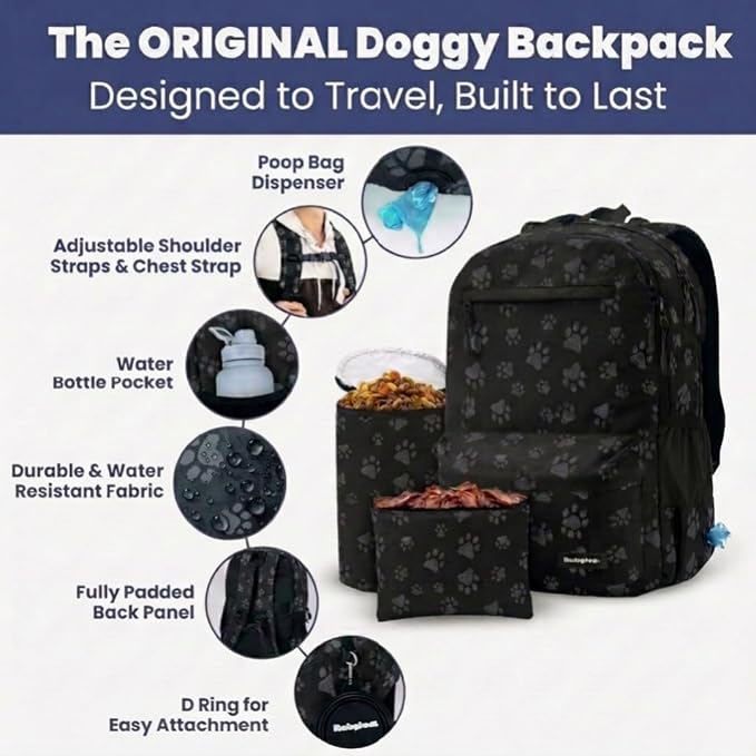 Rubyloo Dog Travel Backpack for Supplies - Dog Diaper Bag with Travel Bowls