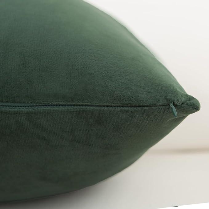 Velvet Decorative Throw Pillow Covers, Soft Square Cushion Case Home Decor for Living Room Couch Bed Sofa, Set of 2 Pack, Dark Green, 20x20 Inch