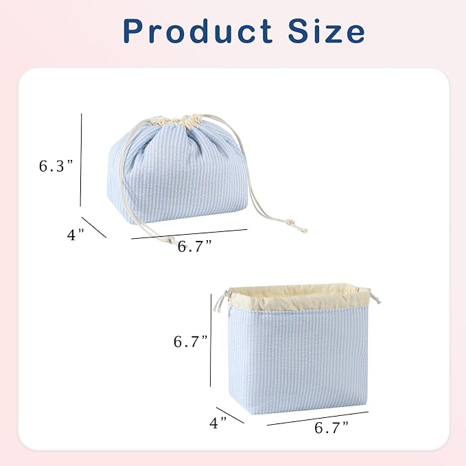 Cotton Quilted Seersucker Makeup Bag with Canvas Lining,Coquette Aesthetic Cute Travel Toiletry Bag,Drawstring Gift Bag for Women and Girls（Seersucker）