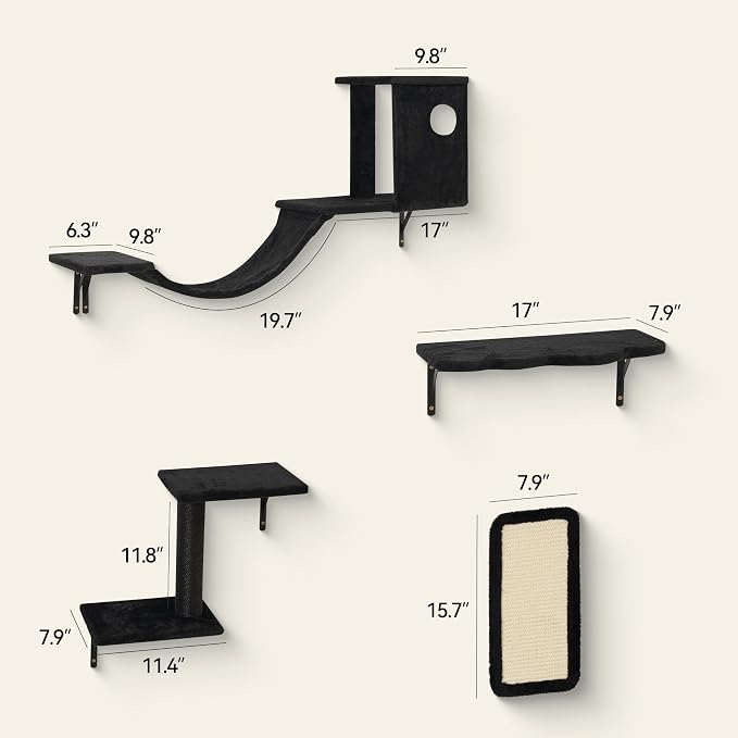 Meecal 6-in-1 Cat Wall Shelves, Wall Mounted Cat Furniture Set with Scratching Posts, Cat Bed & Bridge, Space Saving Cat Climbing Perch for Kittens, Black