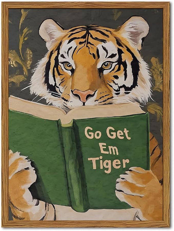 Framed Funny Tiger Wall Art, Motivational Animal Reading Wall Decor Paintings, Eclectic Go Get Em Tiger Canvas Prints Pictures Home Decor for Living Room Bedroom Dorm Office 16x24 inch