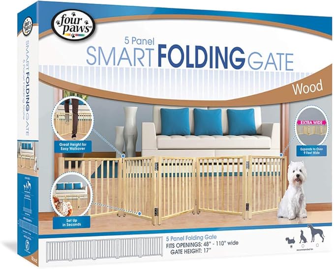 Four Paws Smart Folding Free Standing 5-Panel Wood Dog Gate, 48"-110" W by 17" H