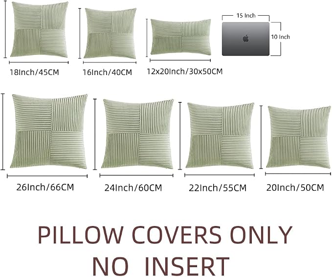 Fancy Homi Sage Green Decorative Throw Pillow Covers 20x20 Inch for Living Room Couch Bed Sofa, Farmhouse Boho Home Decor, Soft Corss Corduroy Patchwork Accent Square Cushion Case 50x50 cm