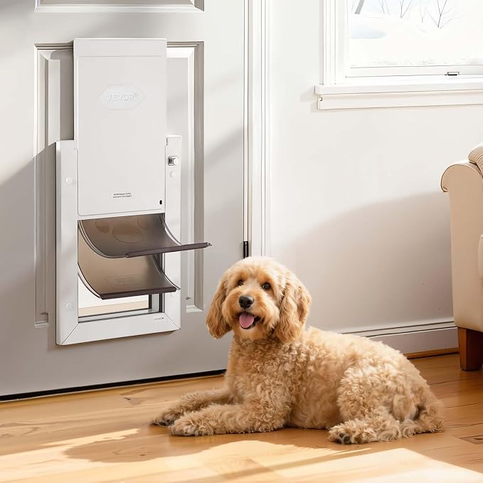 VEVOR 2-Flaps Dog Door, with Aluminum Frame, Metal Closing Panel and Lock, Strong and Weatherproof Dog Door for Interior and Exterior Doors, Easy in-and-Out Access for Doggies (White-Medium)