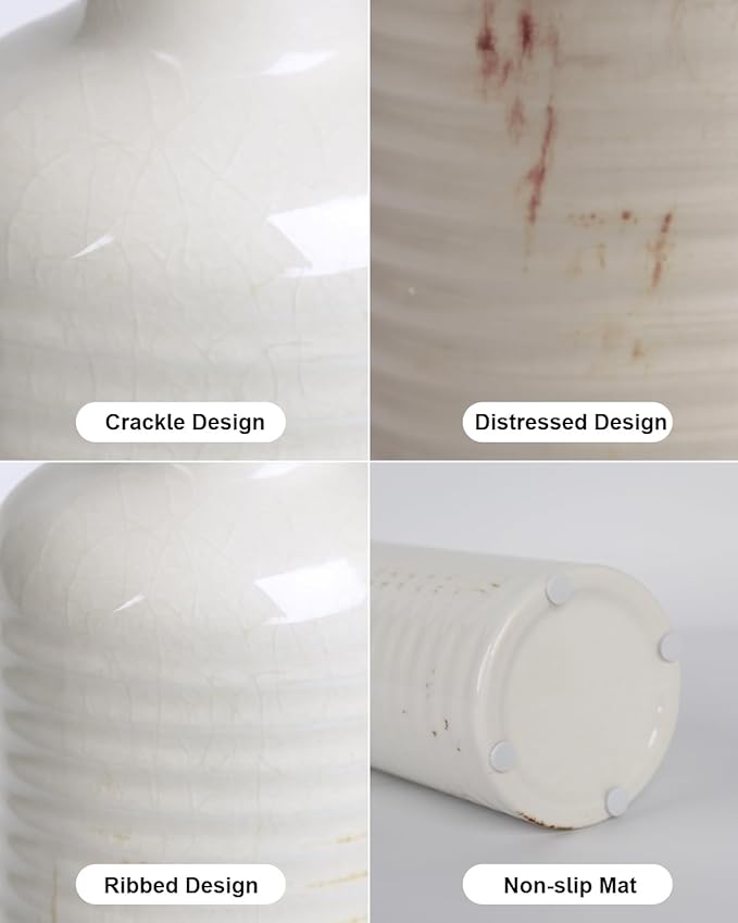 White Ribbed Ceramic Vase Set of 3, Clay Bottle Vases for Home Decor | Crackle glaze finish for rustic farmhouse tables, shelves, mantels and centerpieces