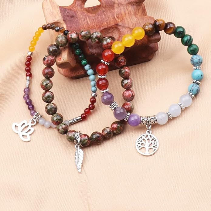 UEUC Tree of Life Yoga Healing Stone Bracelets,Multilayer Lotus Chakra Stone Reiki Bracelet Sets,Anxiety Crystal Natural Stone,for Women Stress Relief