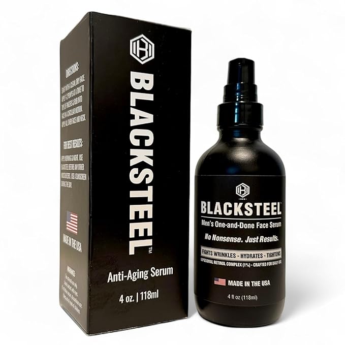 BLACKSTEEL Men's Anti-Aging Face Serum with Retinol & Hyaluronic Acid | One-Step Daily Wrinkle, Hydration & Firming Solution | Fast-Absorbing, Non-Greasy Skincare Made in USA | 4 oz Single Bottle