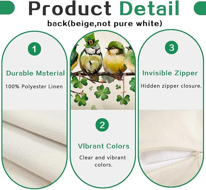 RABUSOFA St.Patricks Day Pillow Covers 18x18 Inch,Birds Shamrock Decorations Holiday Spring Decorative Pillow Case Decor for Sofa Couch Green