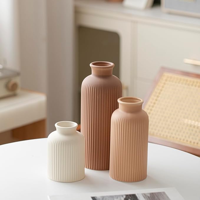 Large Modern Ceramic Vase Set, Coffee Ribbed Matte Design, 3-Piece Decorative Vases for Home, Living Room, Office (XL Coffee Mix)