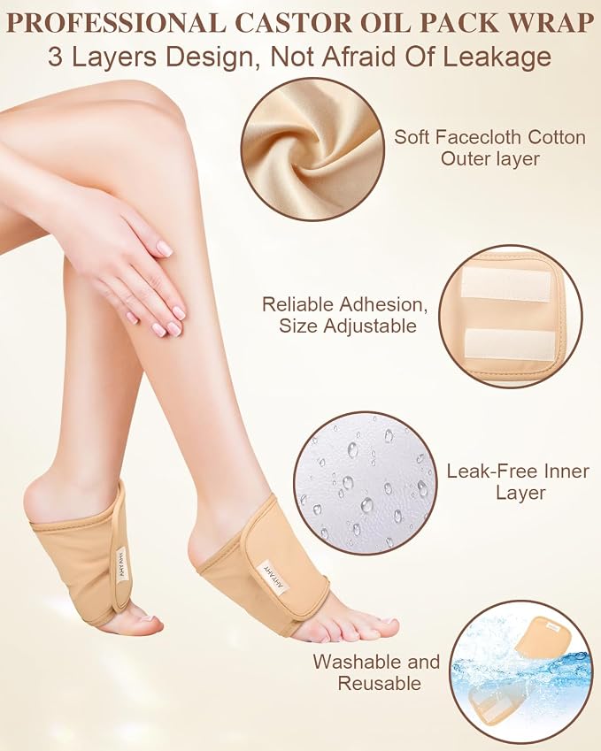2 Packs Castor Oil Pack Wrap for Feet, Reusable Organic Castor Oil Foot Wrap with Hook and Loop Strips, Less Mess, Comfort Fit