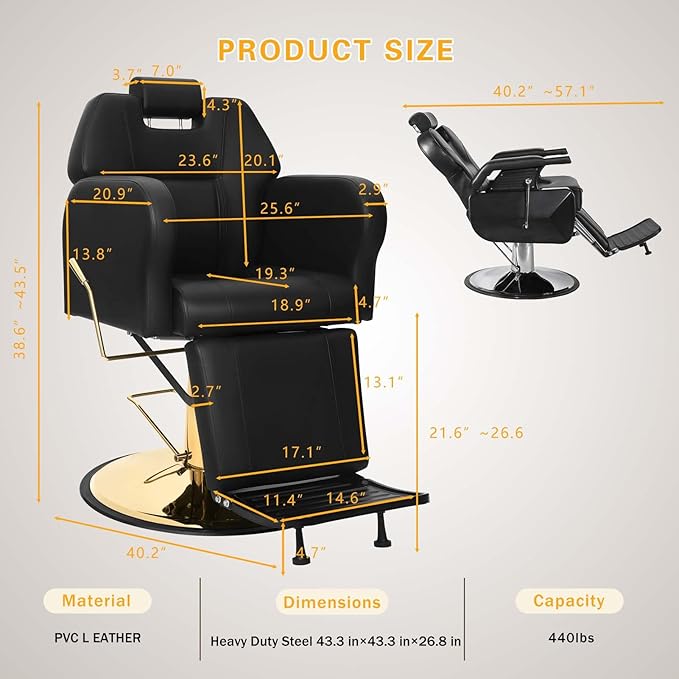 Barber Chair Hydraulic Reclining Salon Chairs Styling Chair Hair Chair 360 Degrees Rolling Swivel Barber Chairs for Barbershop Hair Salon (Gold1)