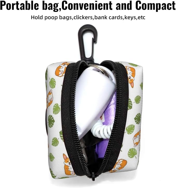 Cute Corgi Funny Fat Dog Tropical Leaves Dog Waste Bag Dispenser Pet Poop Bags Holder Zipper Small Doggy Puppy Pouch