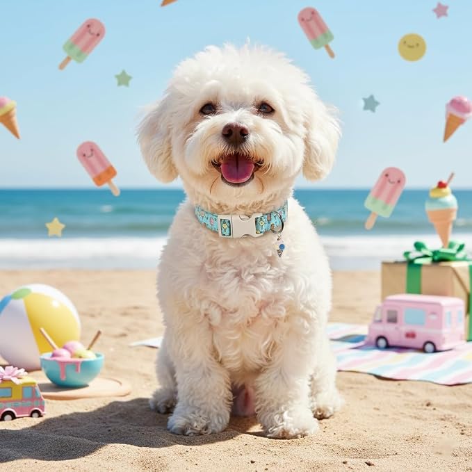 Dog Collars for Extra Small & Small Dogs, XS Dog Collar with Cute Ice Cream Print, Spring Summer Adjustable Puppy Collar with Adorable Charm and Quick Release Buckle, XS