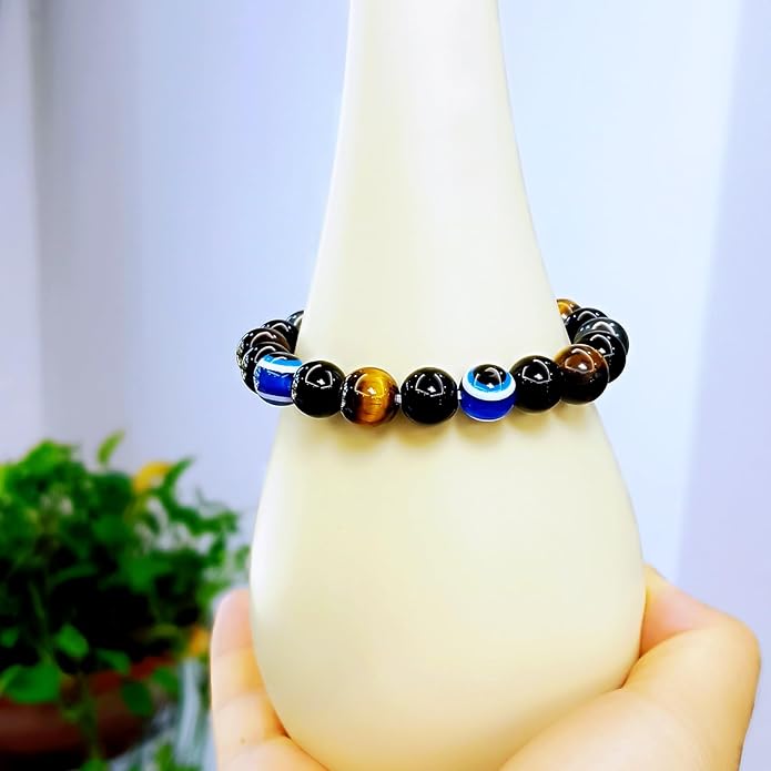 Evil Eye with Hematite Black Obsidian Tiger Eye Stone Triple Protection Bracelets for Men Women, Crystal Healing Stone Bracelet Bring Luck Prosperity and Happiness Jewelry