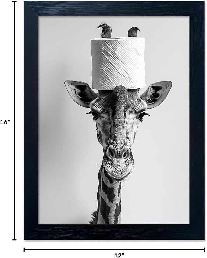 Funny Animal Bathroom Wall Art Giraffe with a Toilet Paper Roll on Head Painting Black and White Bathroom Pictures Wall Decor Framed Humor Canvas Print Artwork
