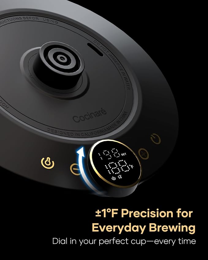 Cocinare Gooseneck Electric Kettle, ±1°F Precise Temperature Control, 1500W Fast Heating, Pour Over Coffee & Tea Kettle with Brew Timer & Keep Warm, Stainless Steel, 0.9L (Gustav Gold)