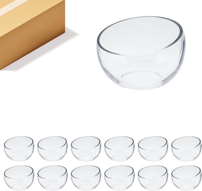 WGVI Slant Cut Bowl Glass Vase, Width 6.7", Height 5", Clear Terrarium, Candy Dish, Fruit Jar, Floral Container for Wedding Party Event, Home Office Decor, 12 Pieces