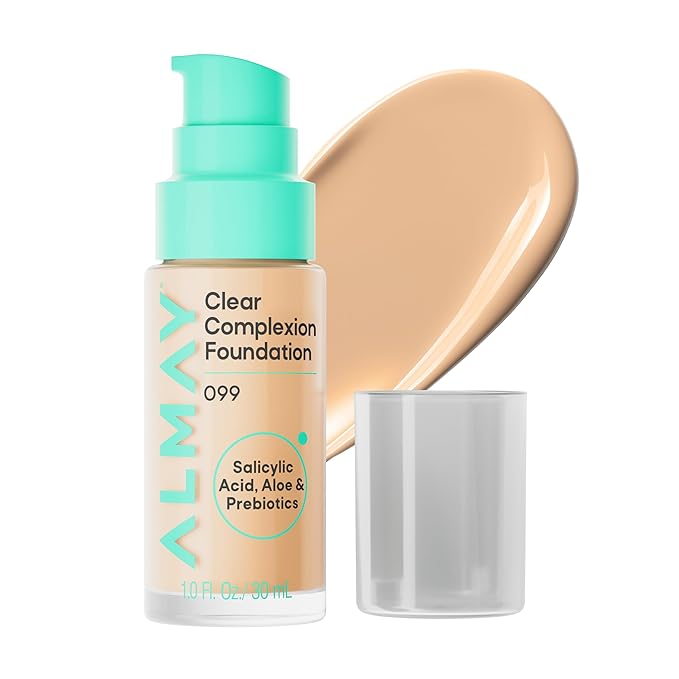 Almay Clear Complexion Foundation, Oil-Free Face Makeup for Acne-Prone Skin, Buildable Coverage, Soft-Matte Finish, Vegan, 99, 1 fl oz