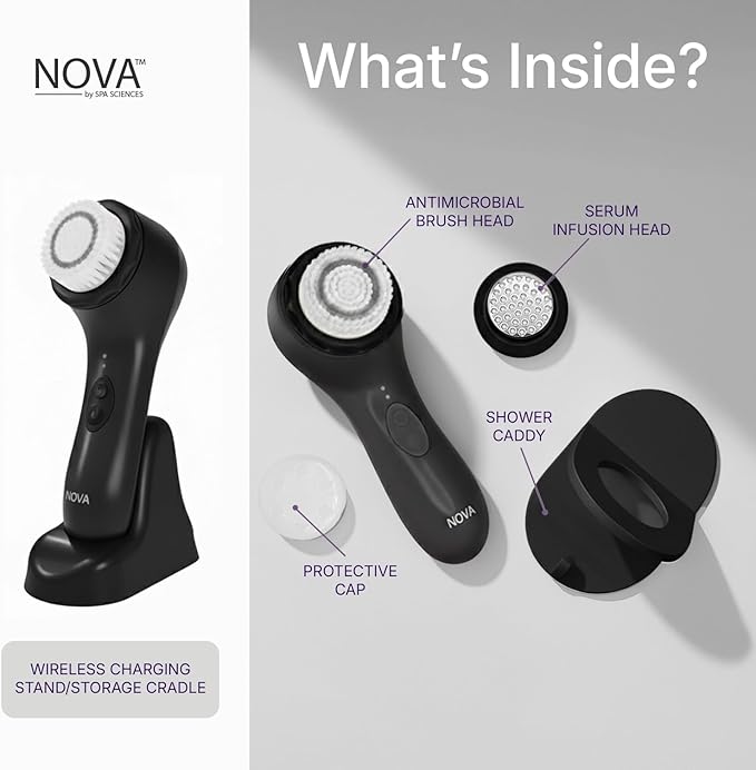 Spa Sciences - NOVA - Sonic Cleansing Brush with Bristles & Infusion System – Anti-Aging Facial Exfoliating, Waterproof, and USB Rechargeable