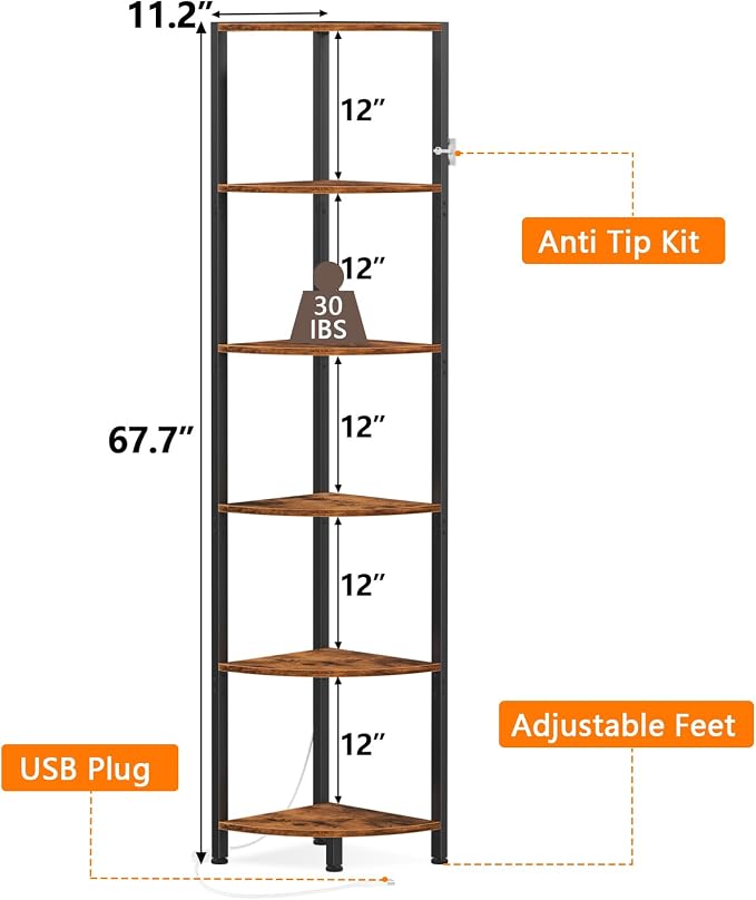 6 Tier Corner Shelf with LED Light, 67.5" Corner Narrow Bookshelf | Tall Standing Shelf Organizer, Storage Rack for Wall Corner, Living Room, Bedroom, Metal Frame, Wood Display Shelf