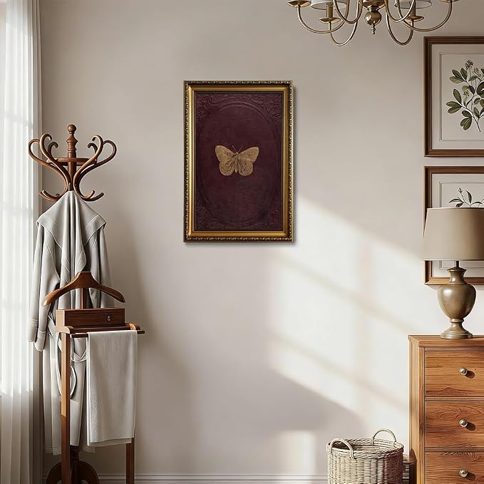 ZLPLLHA Vintage Gold Framed Wall Art Butterfly Wall Decor Moody Canvas Art Insect Pictures Victorian Paintings Burgundy Artwork for Bedroom Living Room