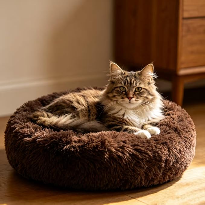 Cat Beds for Indoor Cats - Cat Bed Washable 20/24 inches, Dog Beds for Small Medium Dogs, Anti Anxiety Round Fluffy Plush Faux Fur Pet Bed, Thick Bottom (Coffee, Medium)